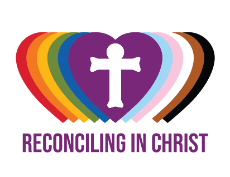 Image of overlapping hearts in the colors of the pride flag with a cross at the center. Text reads Reconciling in Christ underneath.